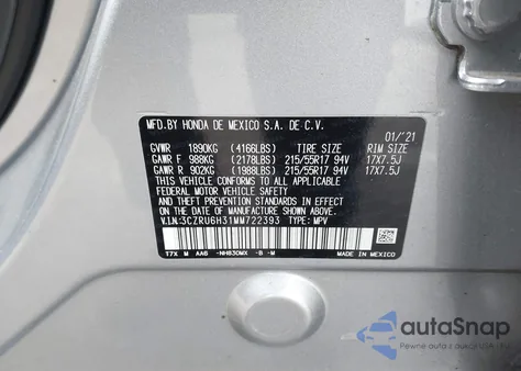 2021 Honda Hr-V Awd Lx z USA, uszkodzony, nr VIN 3CZRU6H31MM722393